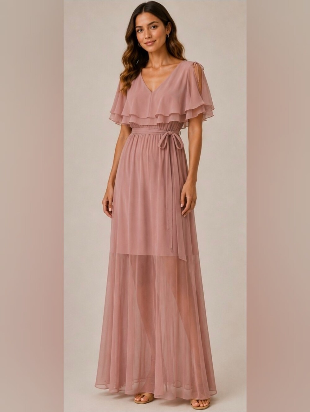 Charles Henry | Sleeve Cutout Crepe Chiffon Maxi dress Dusty Rose Size SMALL
